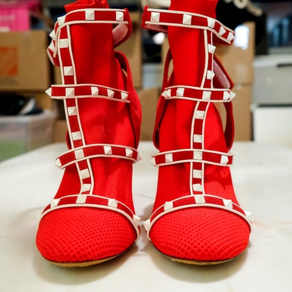 Valentino Rockstud Bodytech Red White Sock Knit Ankle Heel Boot - Picture 1 of 10